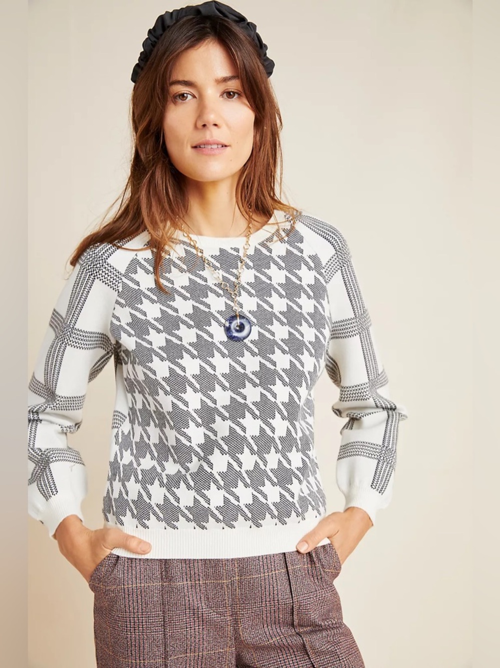Anthropologie Bailey Pullover Sweater black & white houndstooth/plaid Size XS.